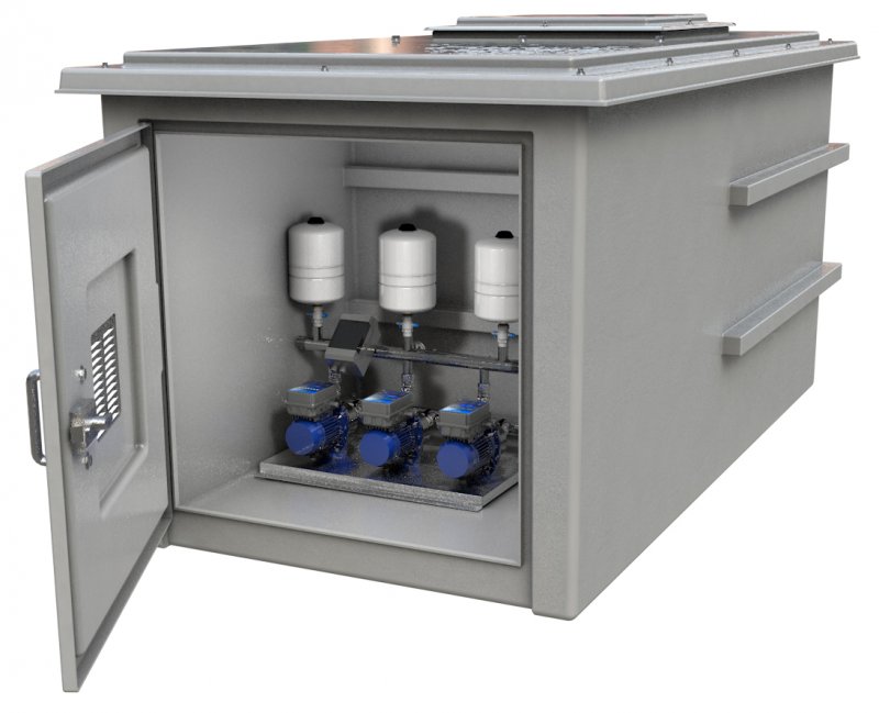 Purewater 1500 Litre GRP Pump Enclosure with built in tank and Triple Pump Max Flow 240L/Min 3000-1500